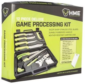 HME 12 Piece Deluxe Game Processing Kit with carrying case and cutting board.